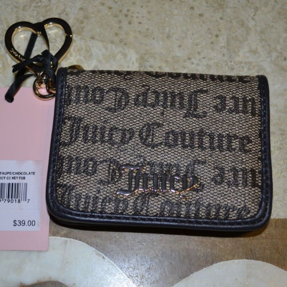 NWT Juicy Couture Logo Spooky CC Key Fob Taupe Brown Chocolate Wallet